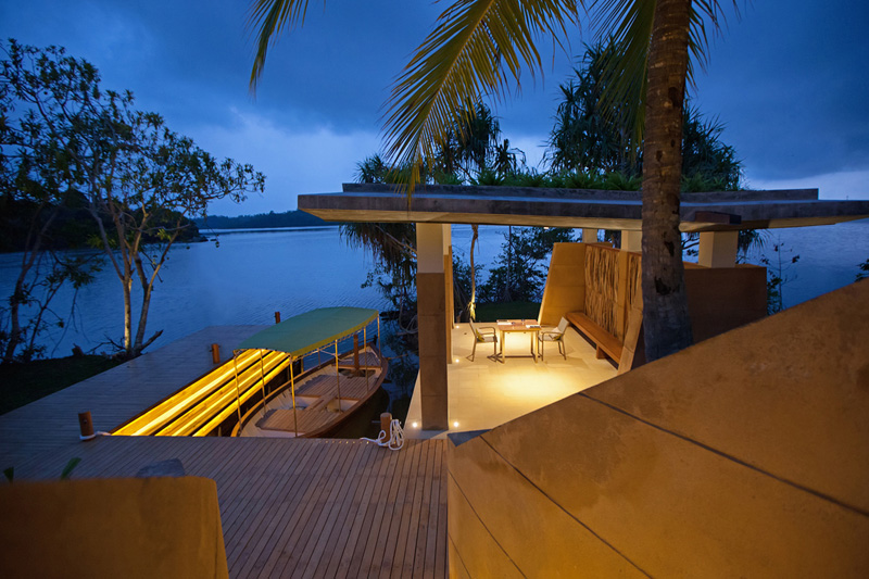 This vacation resort is on an island in the middle of a Sri Lankan lake.