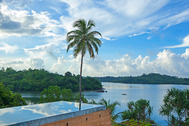 This vacation resort is on an island in the middle of a Sri Lankan lake.