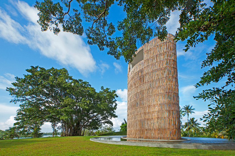 This vacation resort is on an island in the middle of a Sri Lankan lake.