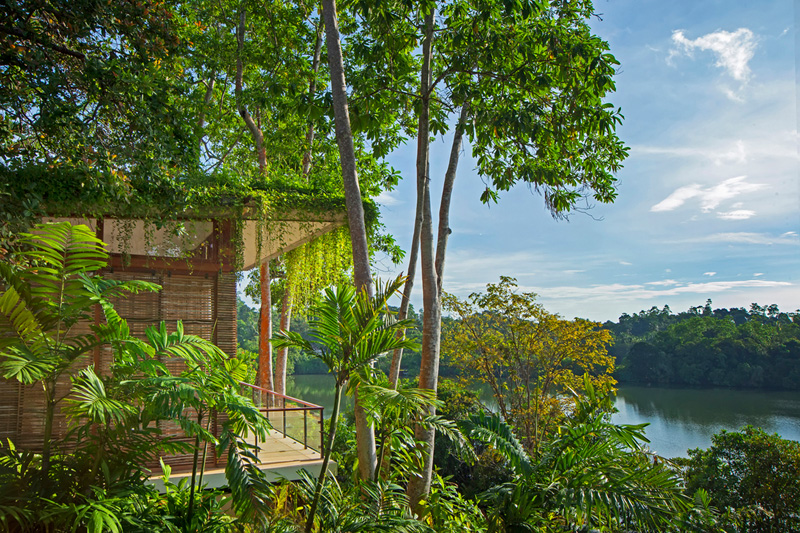 This vacation resort is on an island in the middle of a Sri Lankan lake.