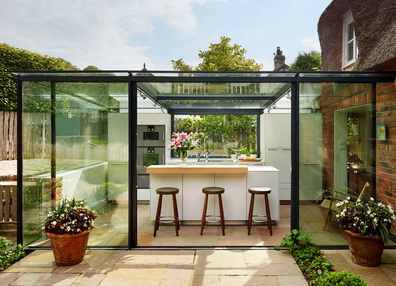 This thatched cottage got a glass box extension