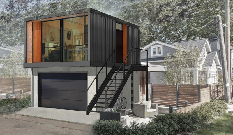 A Canadian company called HonoMobo, have designed a new collection of living units made from shipping containers that can fit on top of a garage.