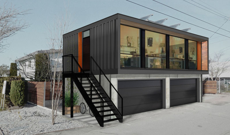 A Canadian company called HonoMobo, have designed a new collection of living units made from shipping containers that can fit on top of a garage.