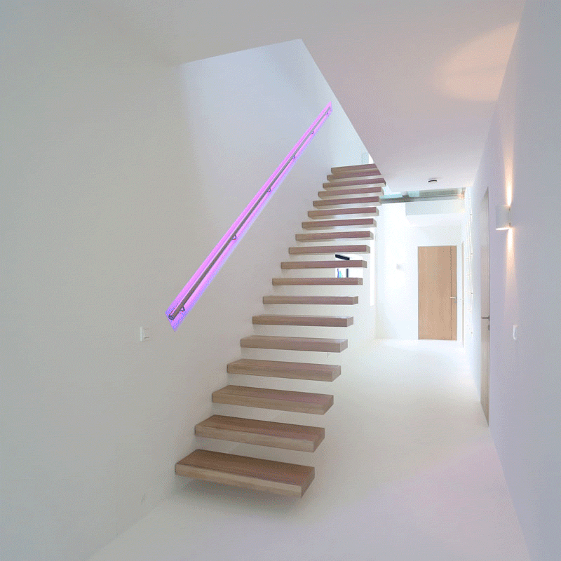 This staircase handrail has been designed to change colors using LED lights.