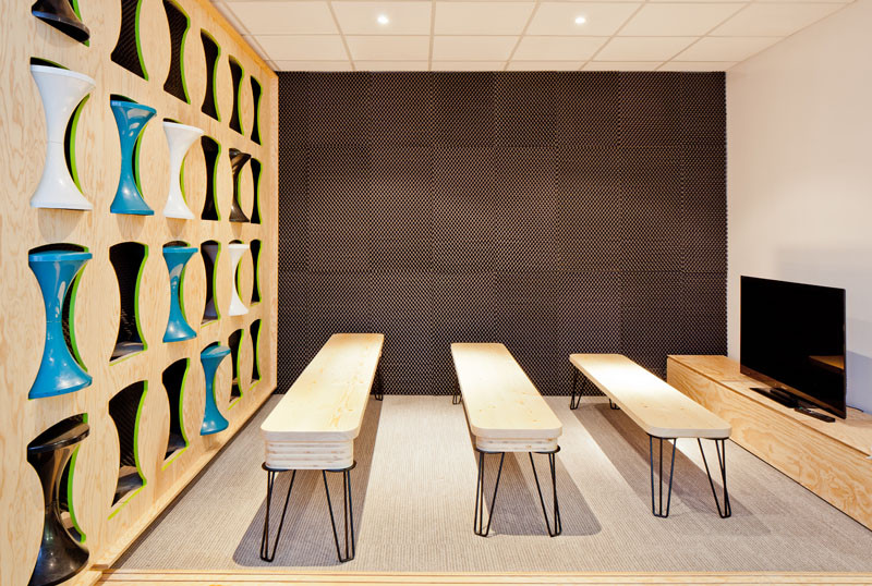 Stool Storage at the Ekimetrics.02's offices in Paris, France. Designed by Vincent & Gloria Architectes