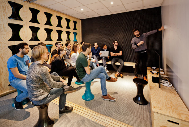 Stool Storage at the Ekimetrics.02's offices in Paris, France. Designed by Vincent & Gloria Architectes