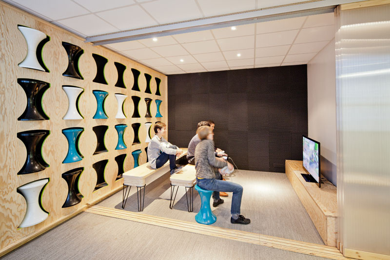 Stool Storage at the Ekimetrics.02's offices in Paris, France. Designed by Vincent & Gloria Architectes