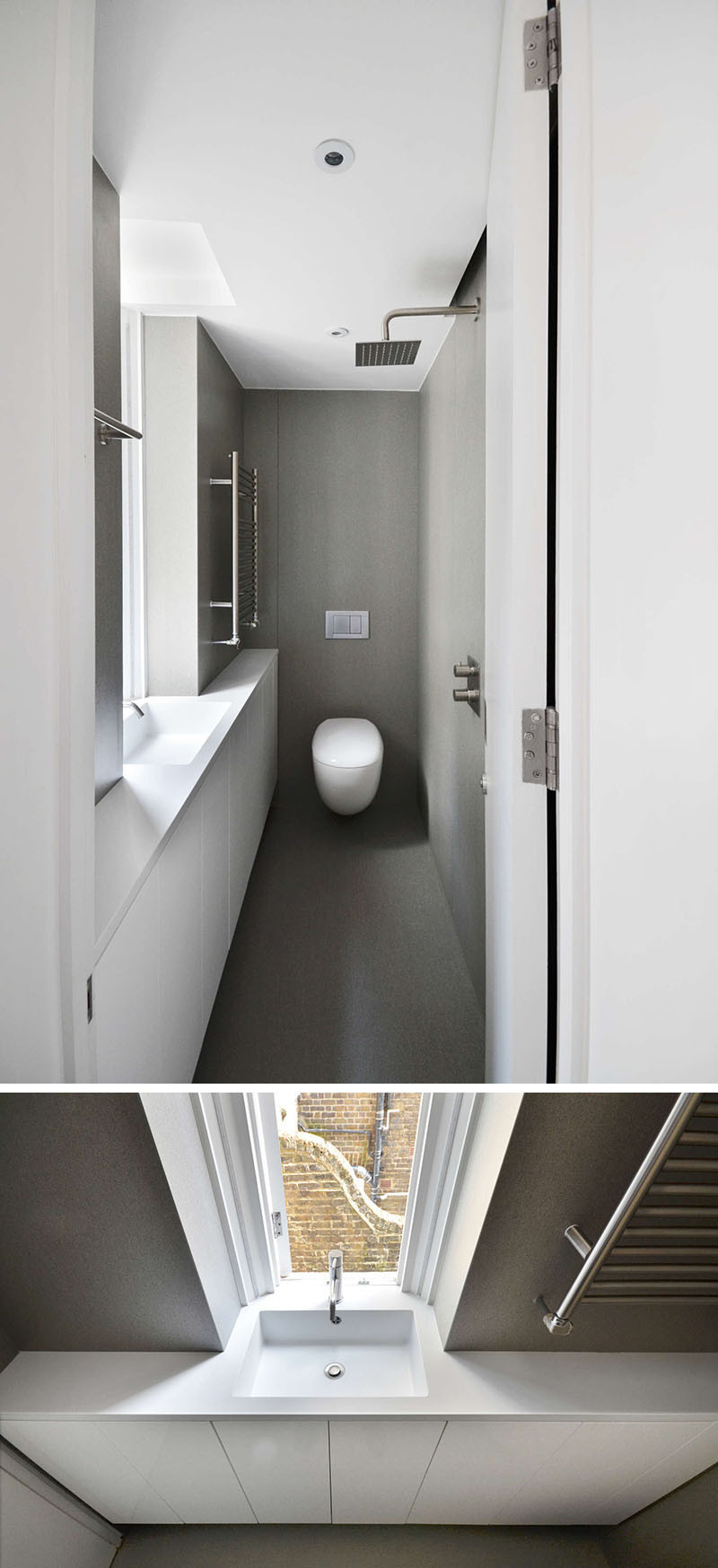 The bathroom in this London apartment is small and very long, so they had to position the shower head directly opposite the vanity and sink.