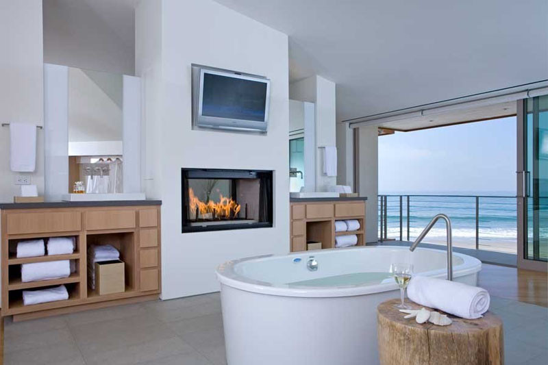 This bathroom has a fireplace and a television included in the design.