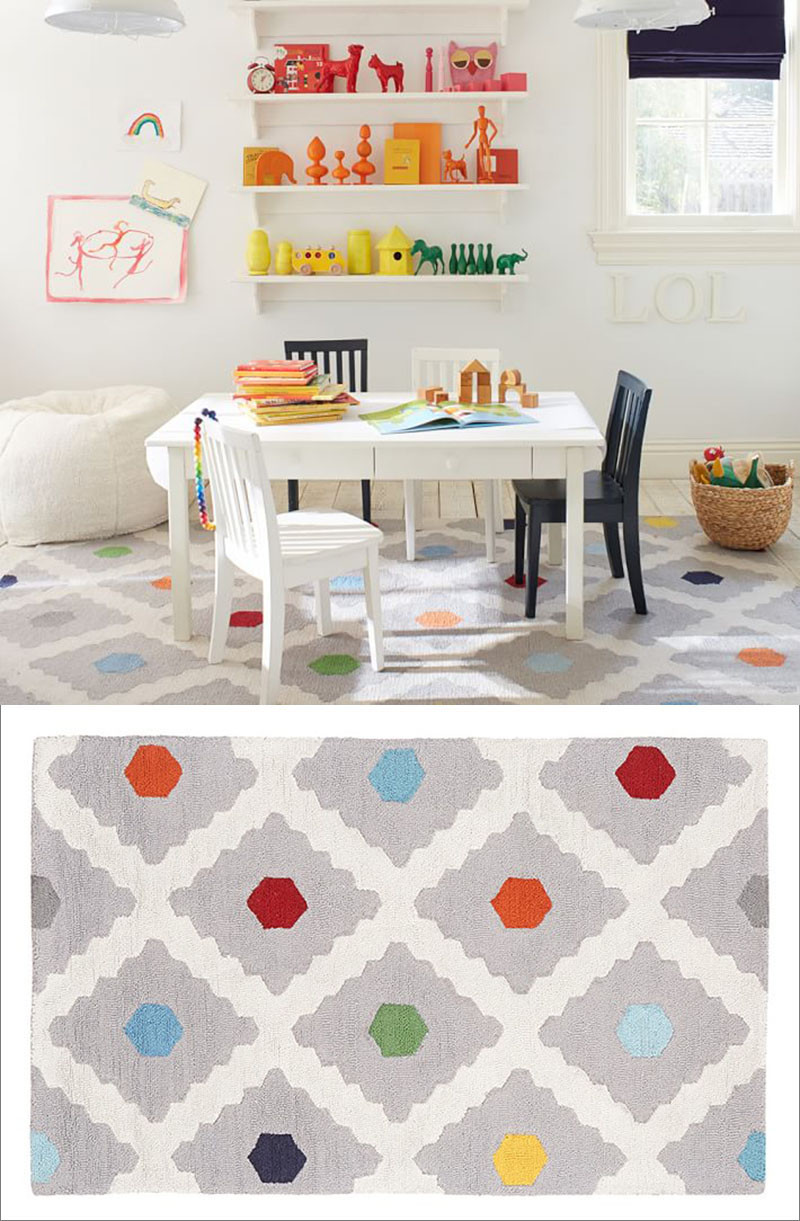 A rug with rainbow dots and a touch of grey are perfect for both boys and girls. #KidsRug #ColorfulRug #ModernRug #NurseryRug