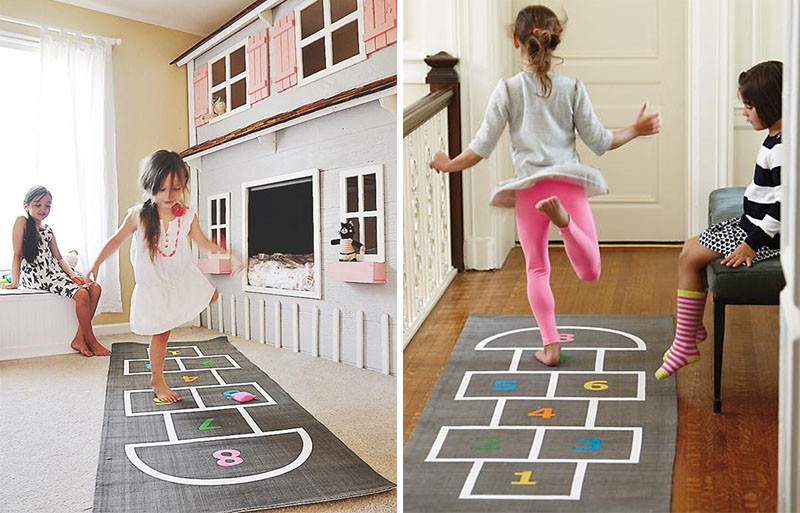 This grey and white rug with colorful numbers does double duty as a Hopscotch game. #KidsRug #ColorfulRug #ModernRug #NurseryRug