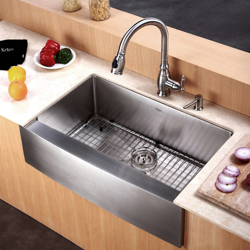 Match your farmhouse sink to the faucet, like this stainless steel one.