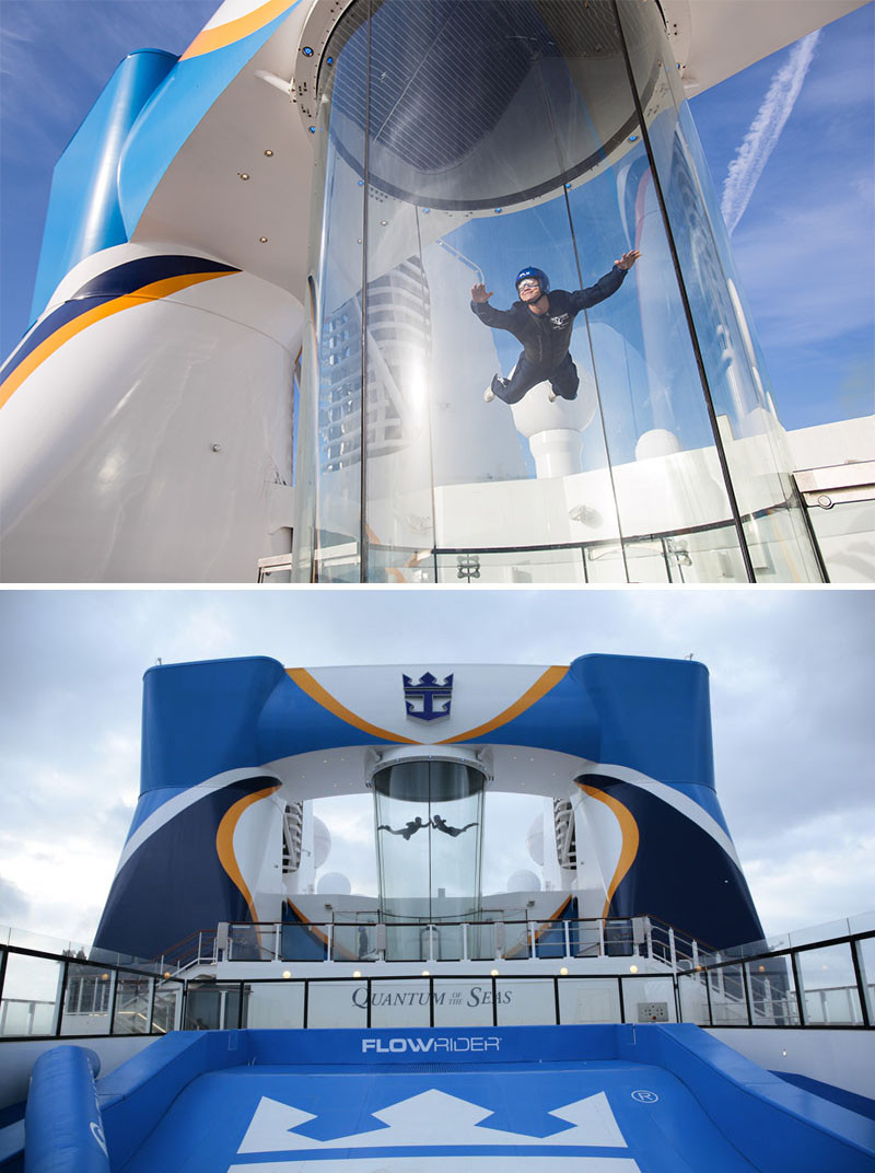 20 Of The Craziest Things You'll Find On Cruise Ships! // RipCord by iFly on Royal Caribbean's Quantum of the Seas, lets you feel what it would be like to fly by blowing air at 100mph from underneath you.