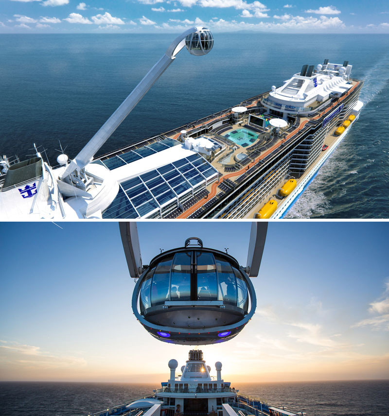 20 Of The Craziest Things You'll Find On Cruise Ships! // This capsule sends you 300ft above sea level to offer 360 degree views of the ocean. You can find it on Royal Caribbean's Anthem Of The Seas.