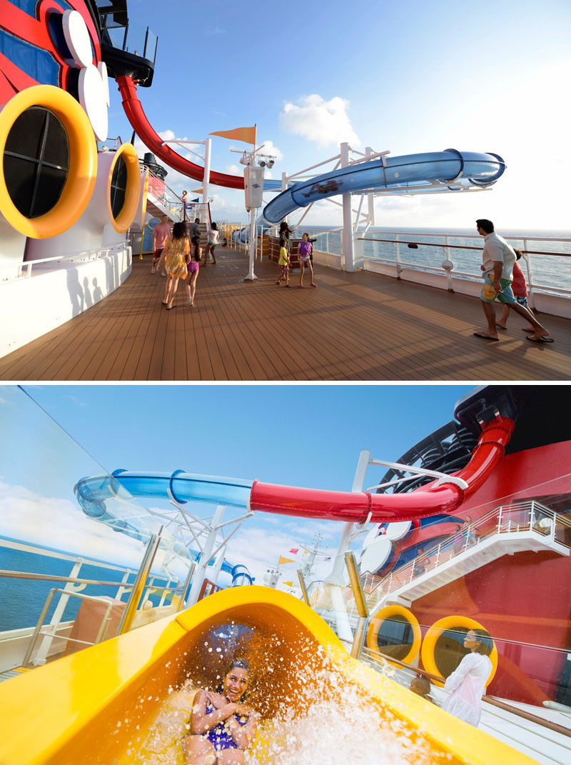 20 Of The Craziest Things You'll Find On Cruise Ships! // The AquaDunk aboard the Disney Magic cruise ship is a three story high water slide that starts with the floor dropping out from underneath you and sends you racing down a 212 foot clear tube twisting and turning as it goes.