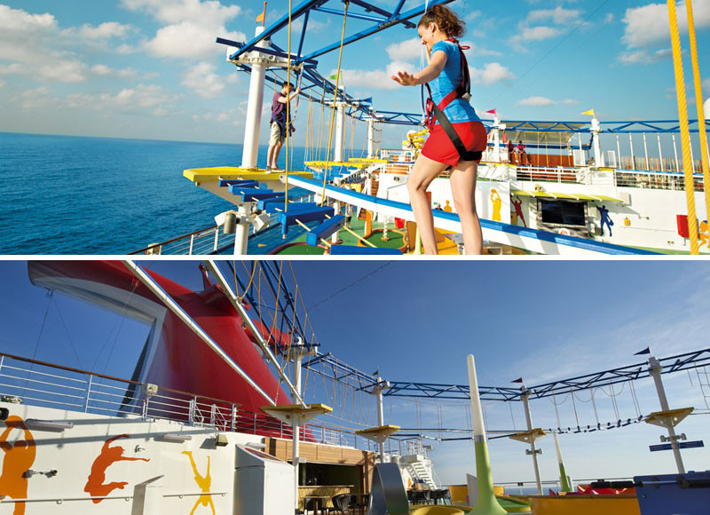 20 Of The Craziest Things You'll Find On Cruise Ships! // The SkyCourse is a ropes course in the sky! Strapped into a harness you can walk and climb safely while taking in the incredible views.