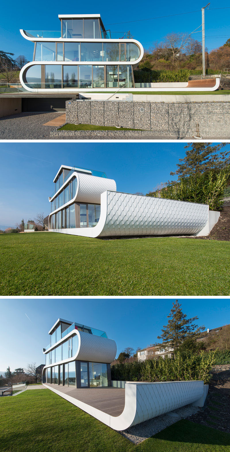 The ribbon-like white facade allows for outdoor spaces to be added to this home.