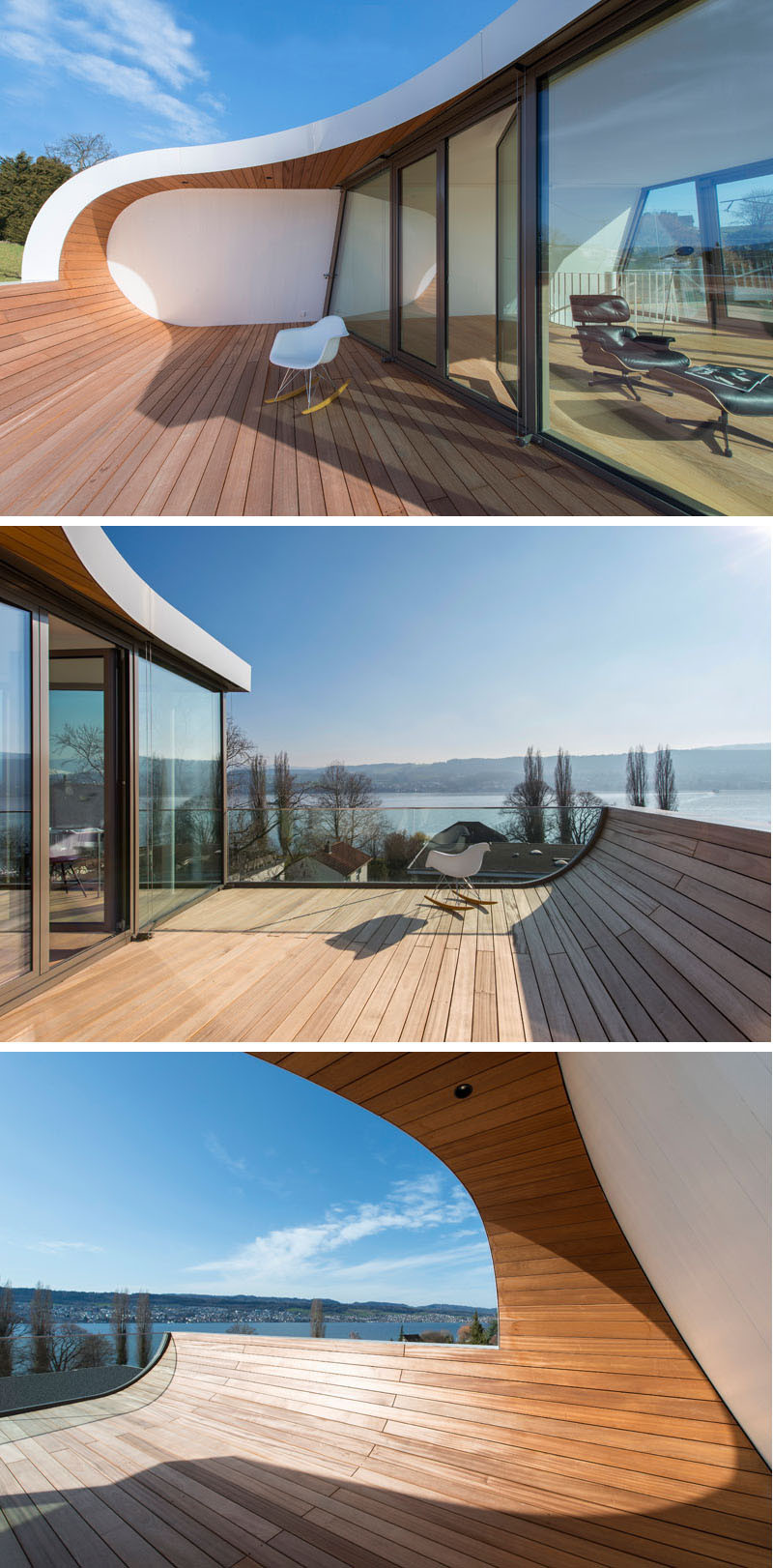 This family house on Lake Zurich, Switzerland, has a curved wooden deck to enjoy the views.