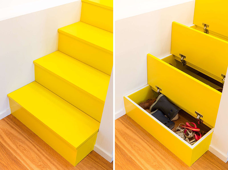 These Bright Yellow Stairs Include Hidden Spaces For Storage