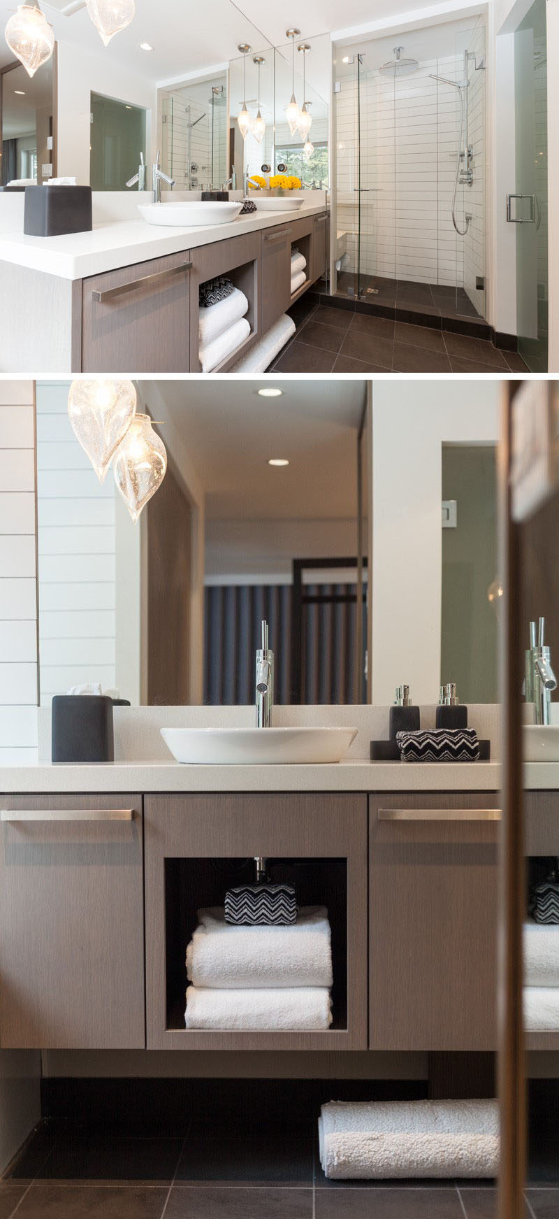 15 Examples of Bathroom Vanities That Have Open Shelving // Under each of the sinks in this bathroom by Robert Bailey sits an open shelf for storing towels and face cloths.