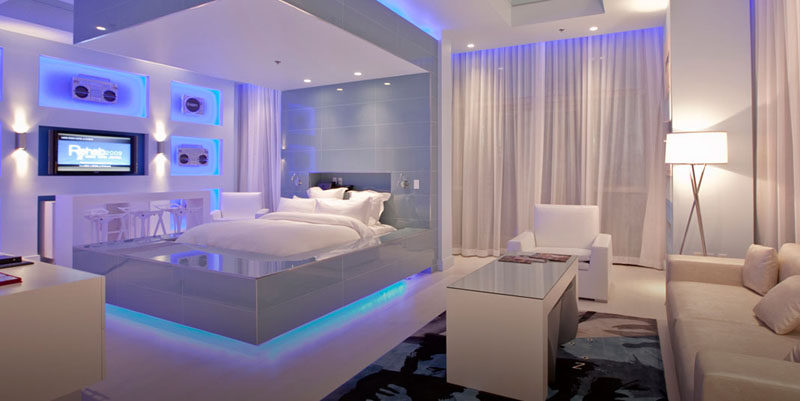 9 Bedrooms With Beds That Feature Hidden Lighting // If you can get VIP status at the Hard Rock Hotel & Casino in Las Vegas, you might be able to stay in this futuristic bed!