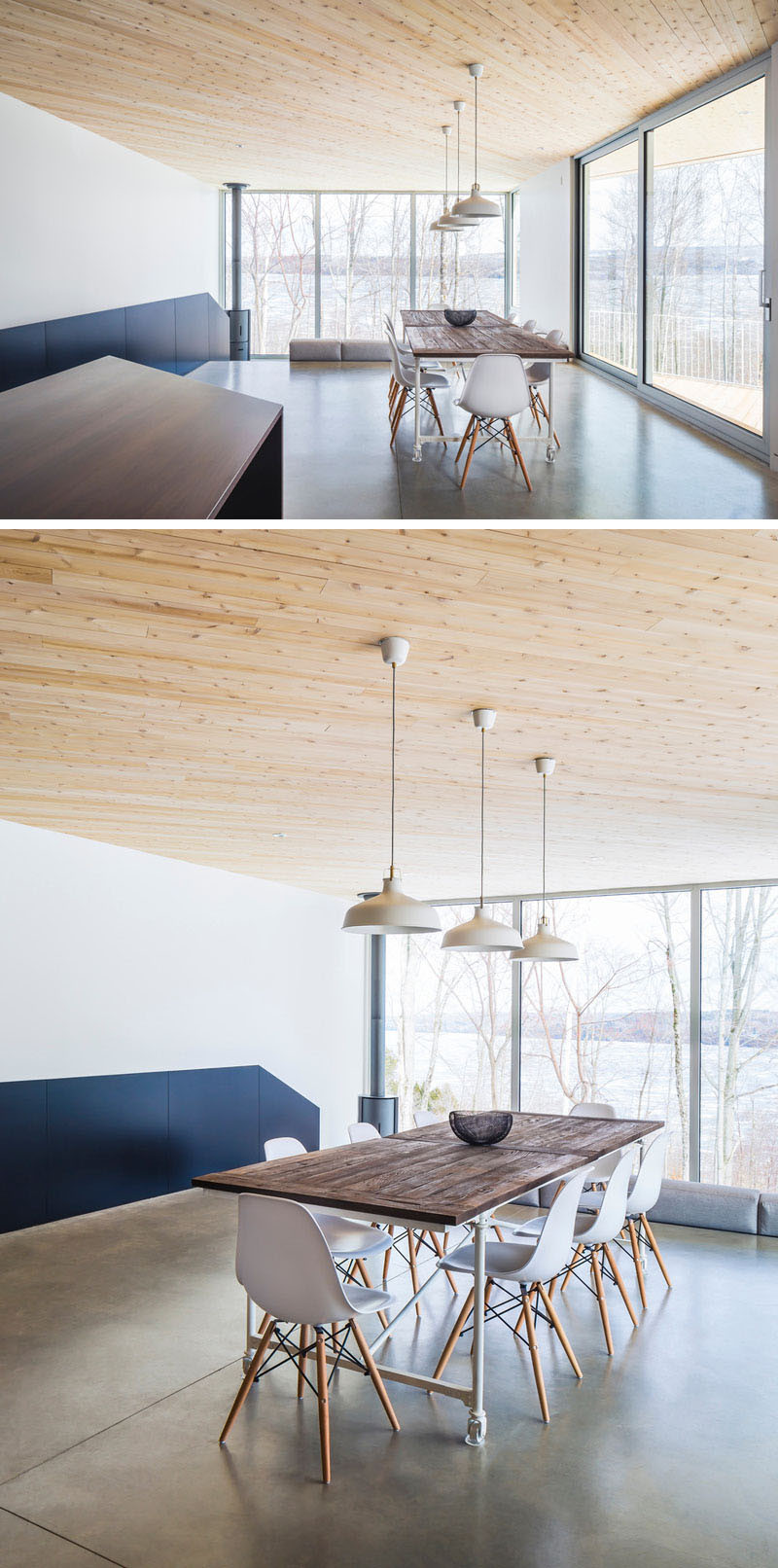 This dining area provides a separation between the sunken living room and the kitchen, and just off to the side, is a sliding door providing access to the outside.