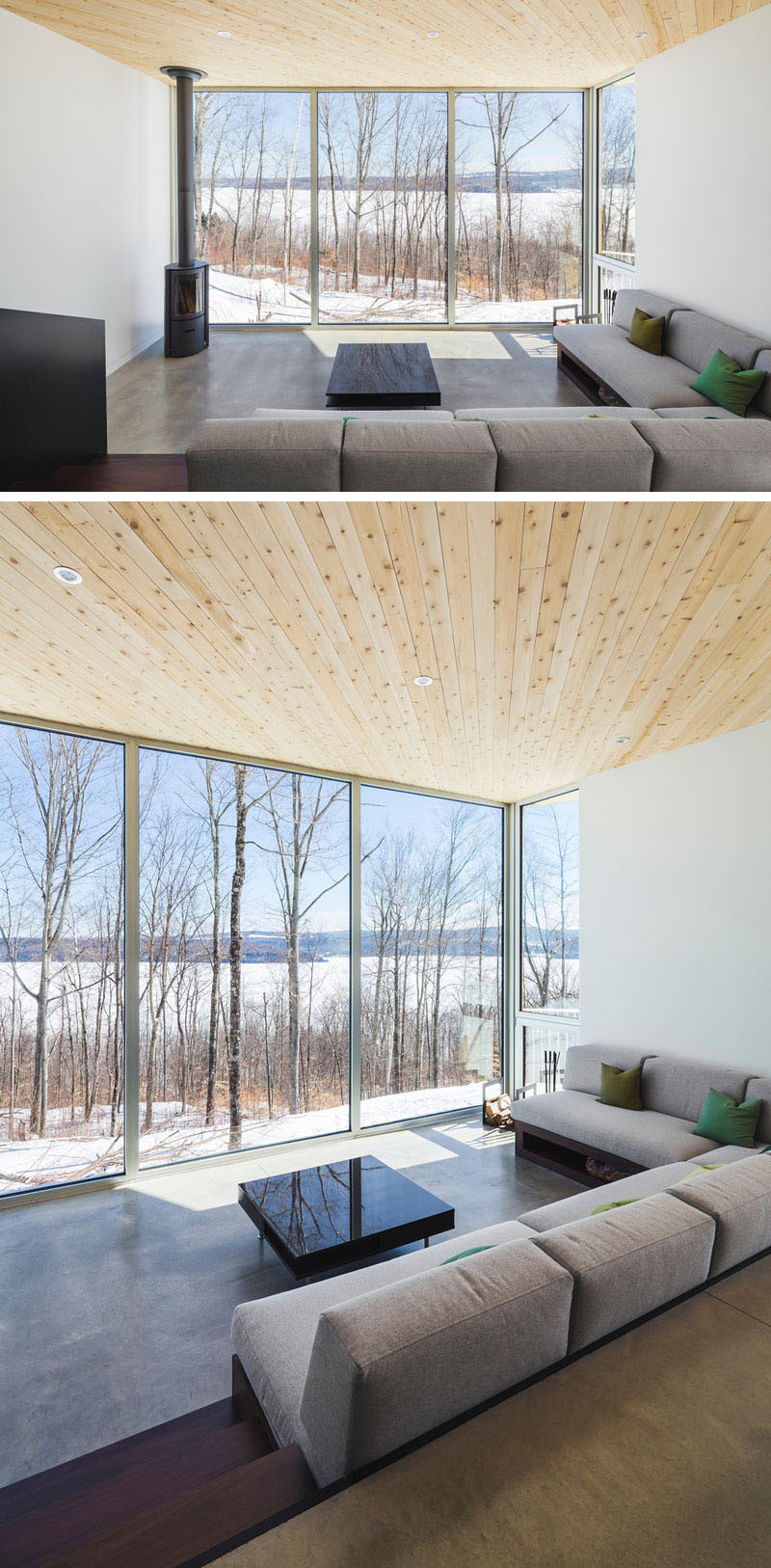 This sunken living room has floor-to-ceiling windows that perfectly frame the view.