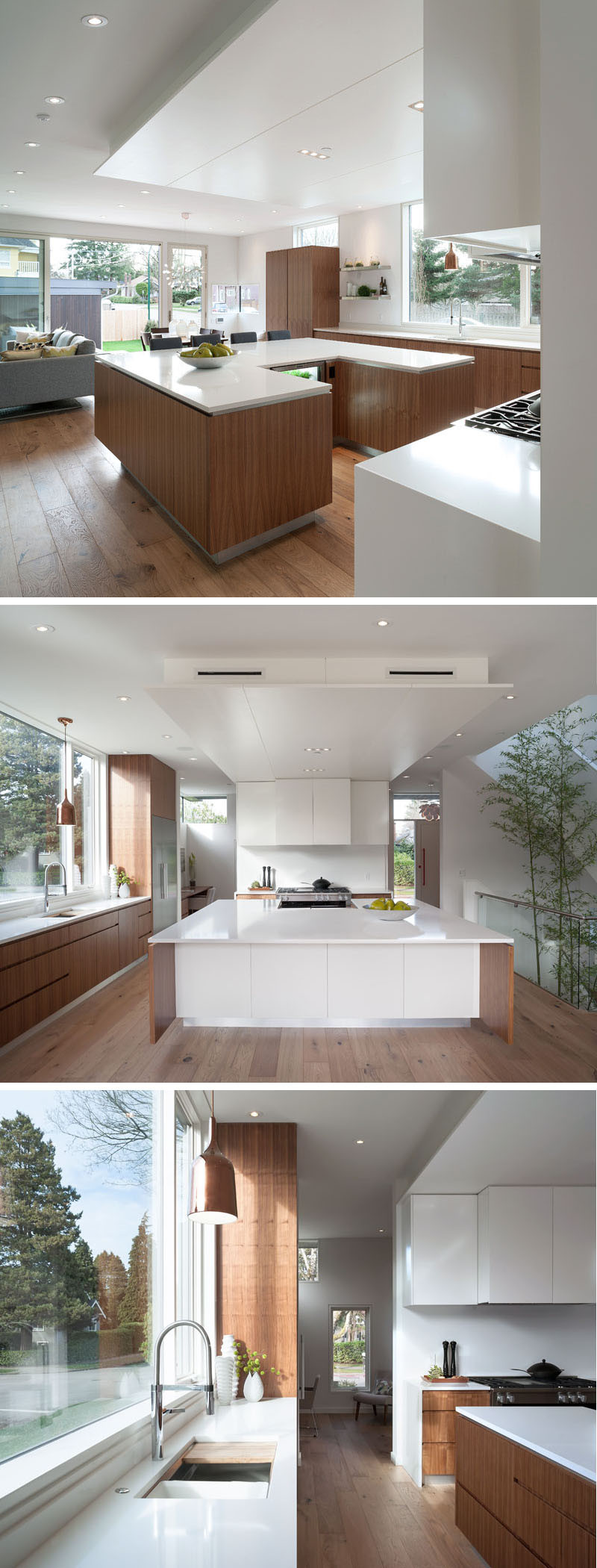 The kitchen island in this kitchen has been designed in a 'U' shape, giving the homeowners plenty of space for food prep, and making it easy to socialize while cooking.