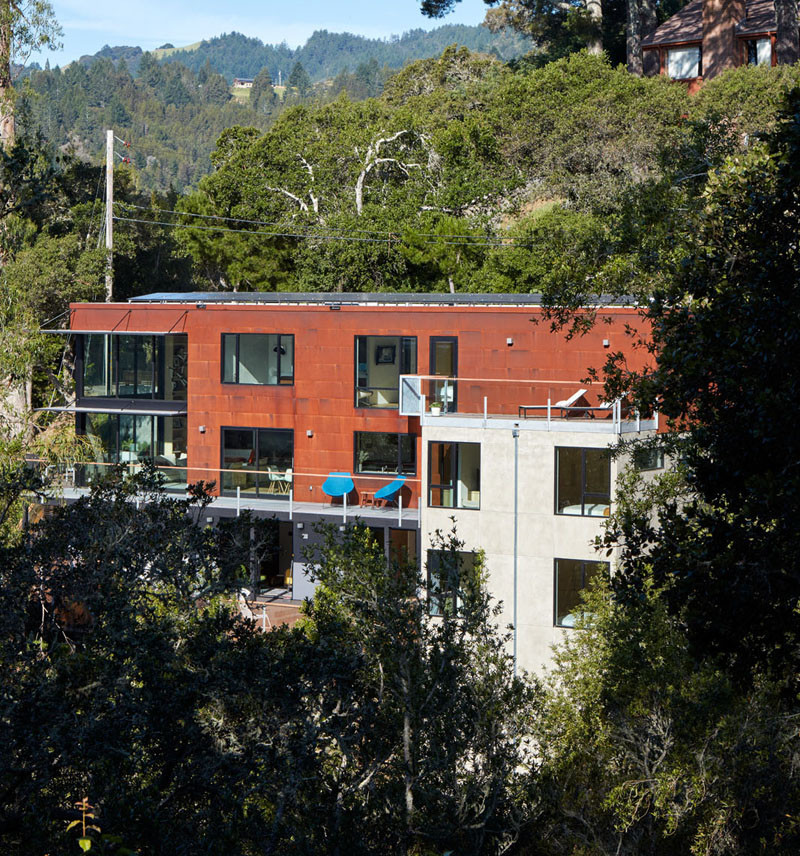 This home, designed by Zack/de Vito Architecture + Construction, has been covered in easy to maintain materials, like the custom Corten steel rain screen siding.