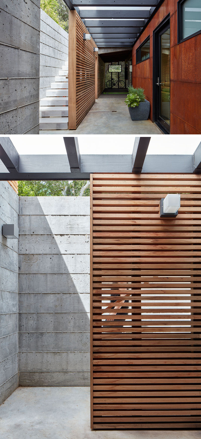 These concrete exterior stairs have a wooden privacy screen.