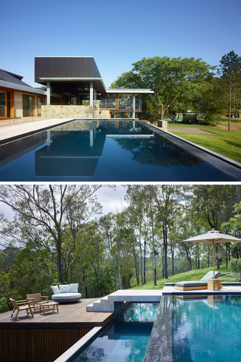 This Australian home, designed by Shaun Lockyer Architects, has large swimming pool, with a sun deck for relaxing on hot days.