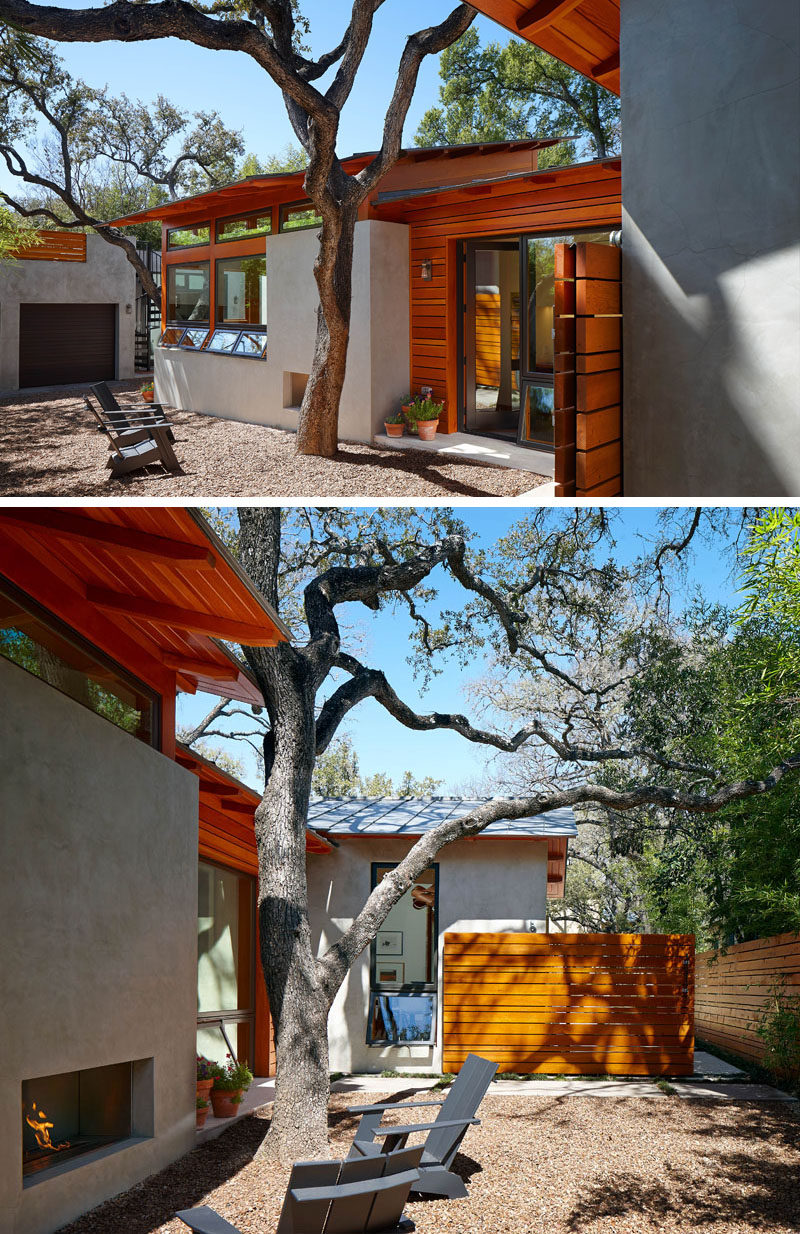 This home in Texas has a backyard patio with outdoor fireplace.