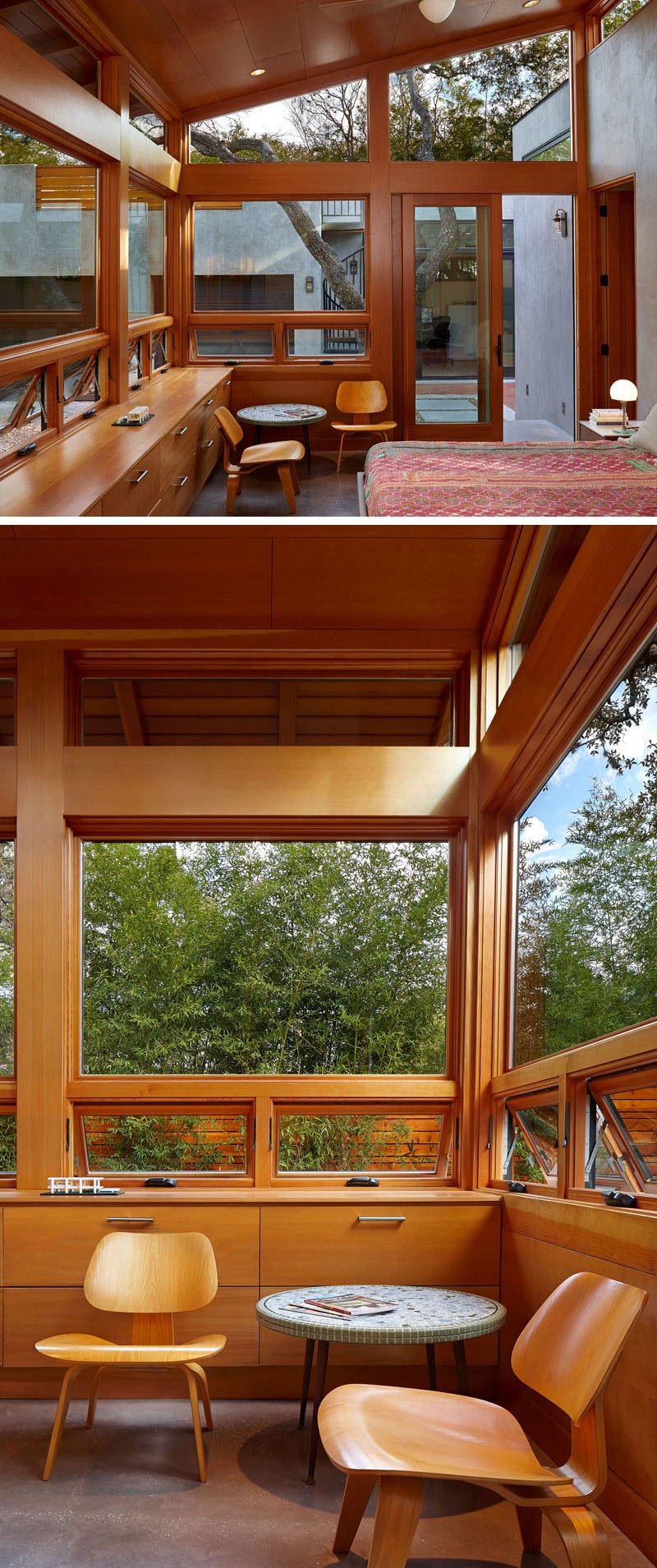 This master bedroom has windows that follow the line of the roof, and built-in wooden cabinetry for storage.