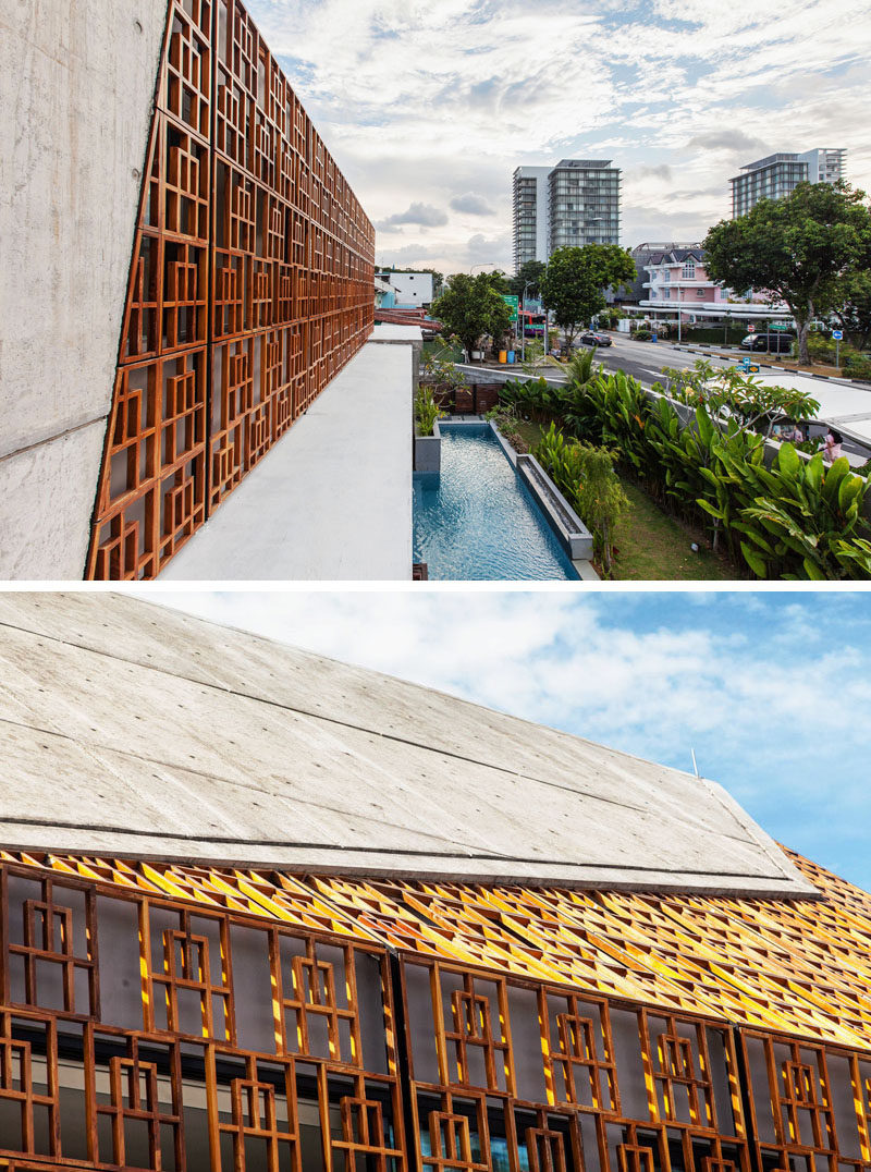 This home uses teak screens on the exterior, to protect the home from the harsh urban environment without compromising on views, natural light and ventilation.