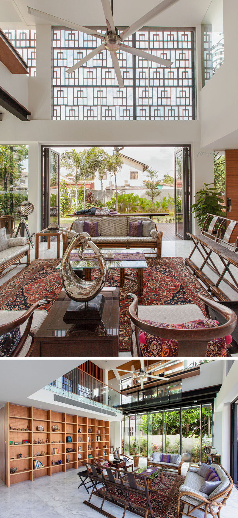 This open living room has a double-height ceiling and large fan, allowing for the air to circulate.