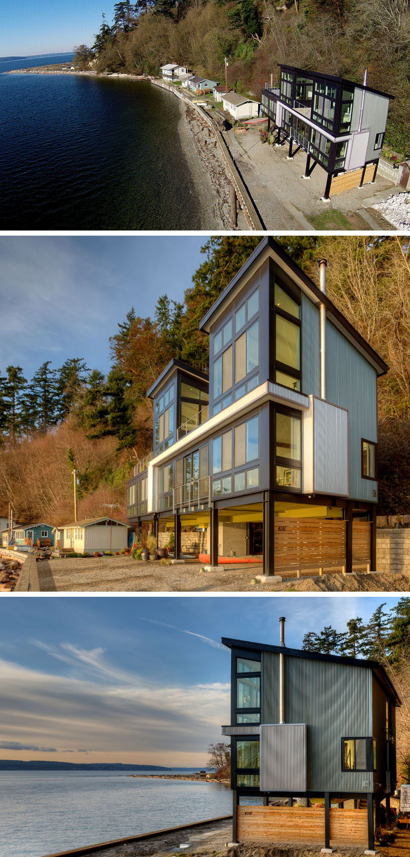 This home, designed by Designs Northwest Architects, sits at the bottom of an extremely steep slope, that experiences periodic shallow surface mud slides. As mud slides are a definite possibility, and due to the location of the home being on a remote beach without road access, making it too difficult to bring in heavy equipment and concrete trucks, the architects decided to design the home above the ground on low profile steel columns, instead of a 10 foot tall retainer wall.