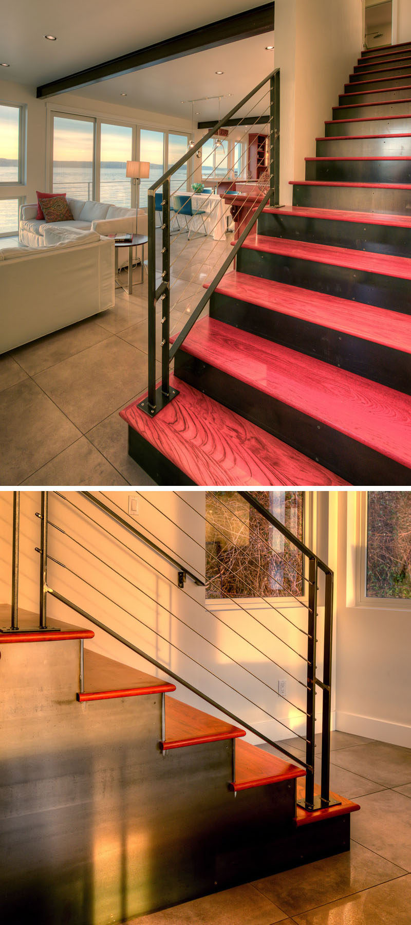 Steel and wood stairs lead you to the upper floor of this home.