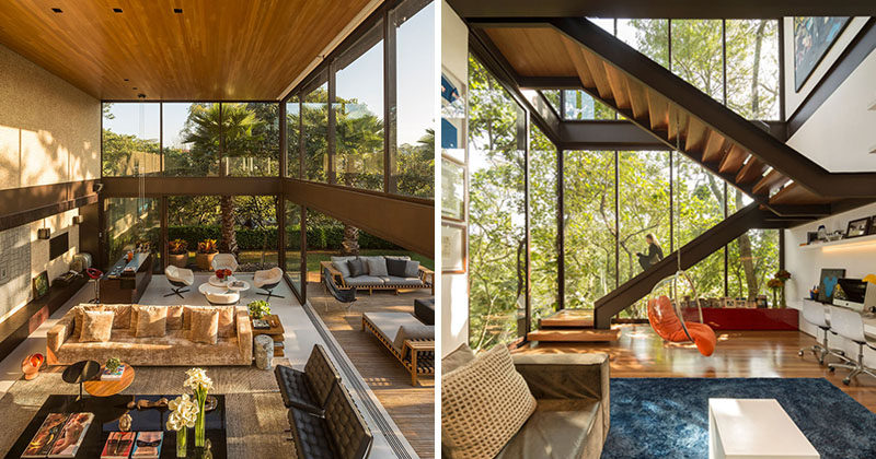 This home, located on a steep site in Sao Paulo, Brazil, evokes the architecture of Mies van der Rohe, with its simple geometry and extensive use of glass.