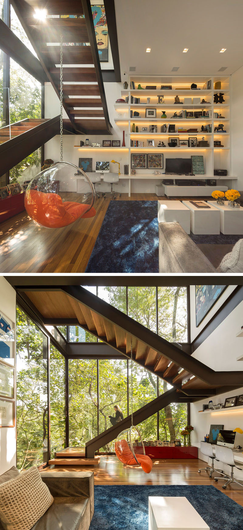 These wood and steel stairs are perfect for sitting on and looking out the floor-to-ceiling windows.