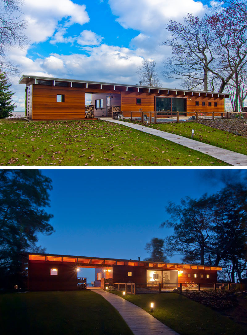 This contemporary wooden beach cottage is located on the shores of Lake Michigan.