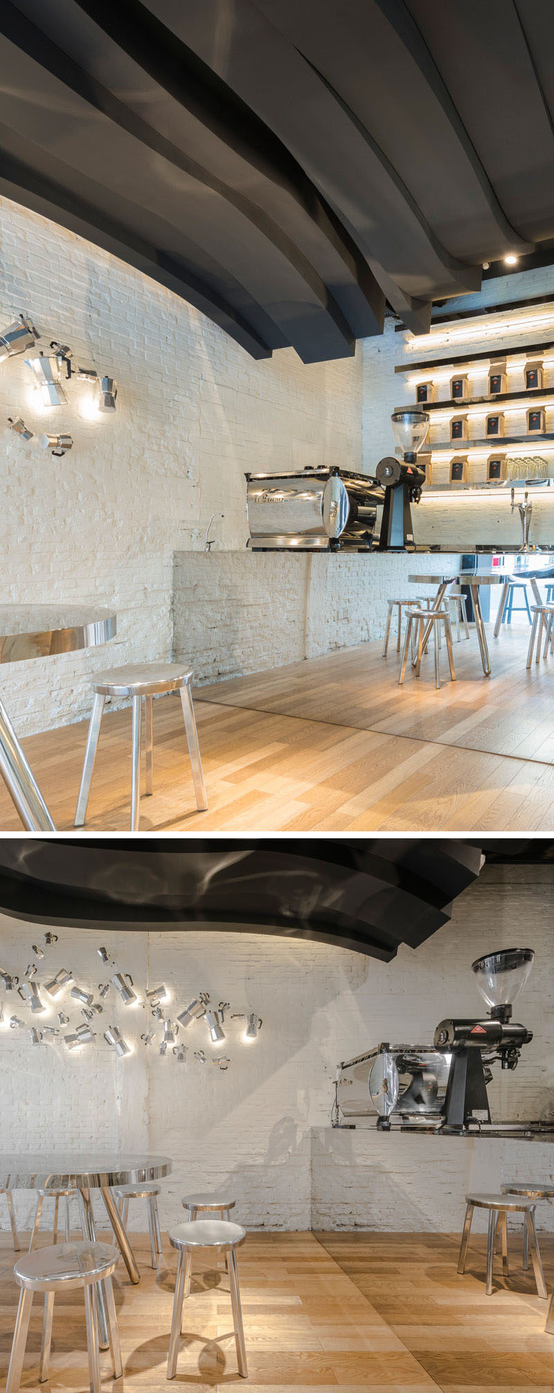 The counter in this cafe is mirrored, making the space feel larger.