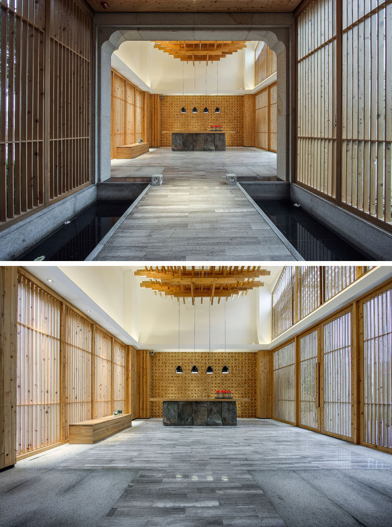 Designed by Lin Kaixin Design, this spa combines materials like wood and stone to create a spa that is contemporary, but at the same time isn't so foreign in its design, like the water feature below that separates the reception area and the lounge.
