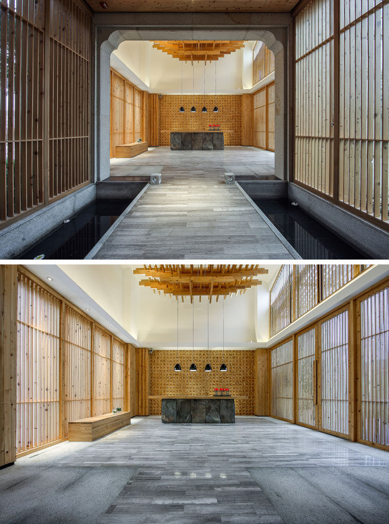 Designed by Lin Kaixin Design, this spa combines materials like wood and stone to create a spa that is contemporary, but at the same time isn't so foreign in its design, like the water feature below that separates the reception area and the lounge.