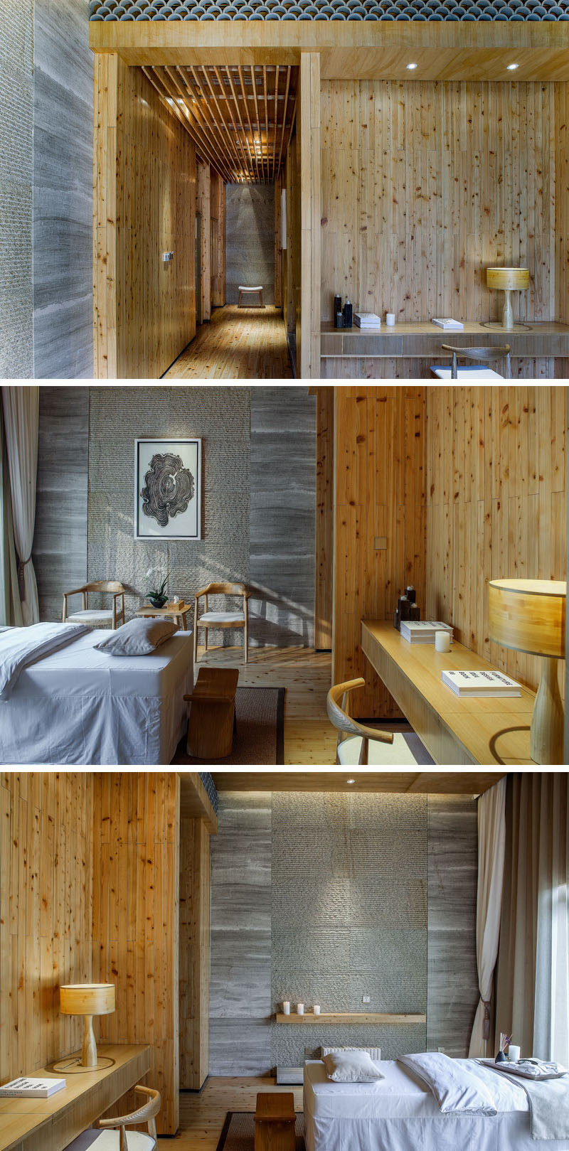 This massage room in a spa in China has a very natural color palette, with wood and stone being key elements.