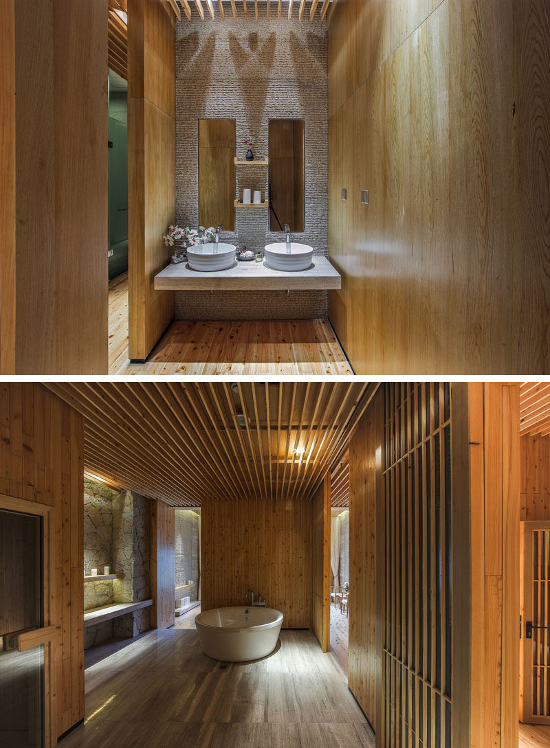 Bathroom inspiration from a spa in China. There's a floating vanity and a deep soaking tub.