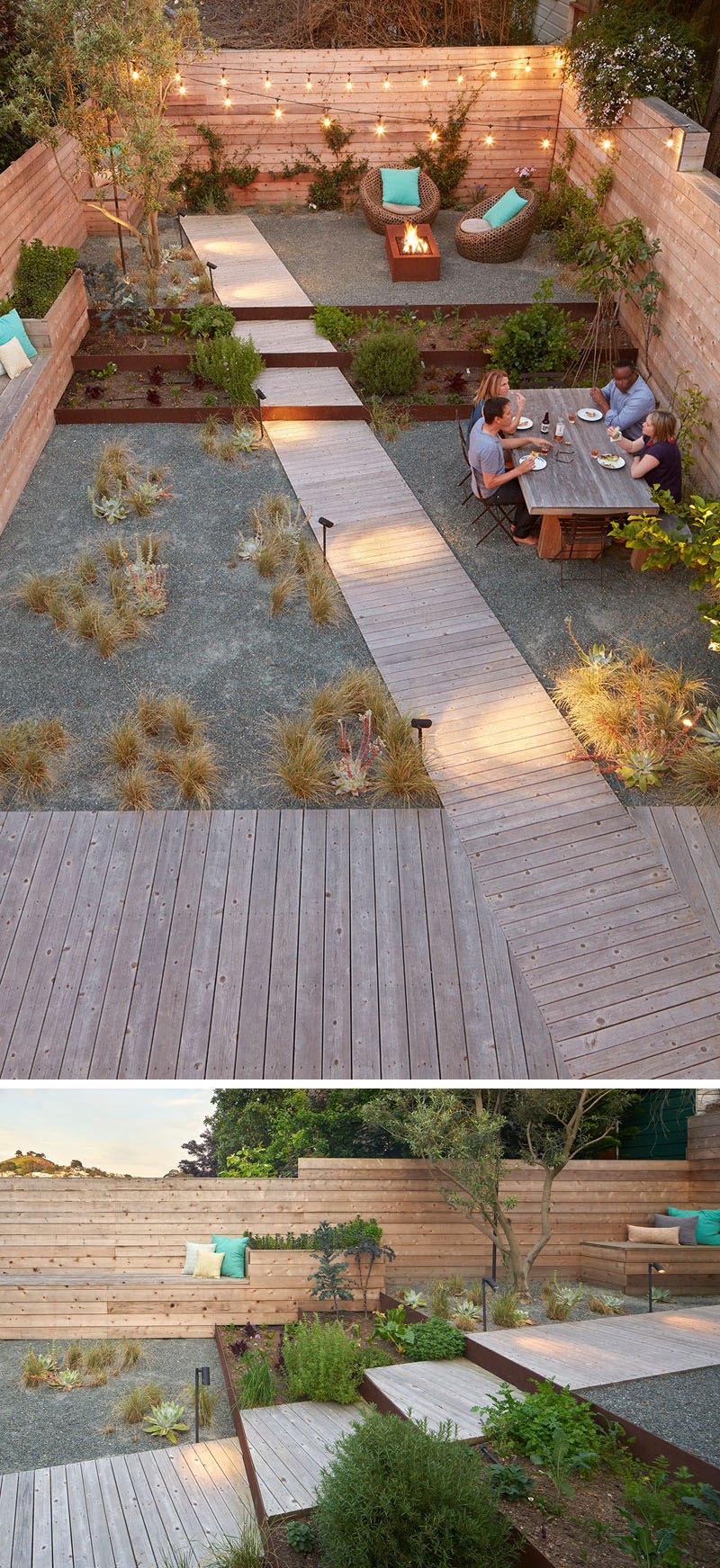 This fully landscaped backyard has the space split up into various sections, like dining, socializing, and resting. Along one side of the backyard, is a wood bench, that almost runs the entire length of the space.