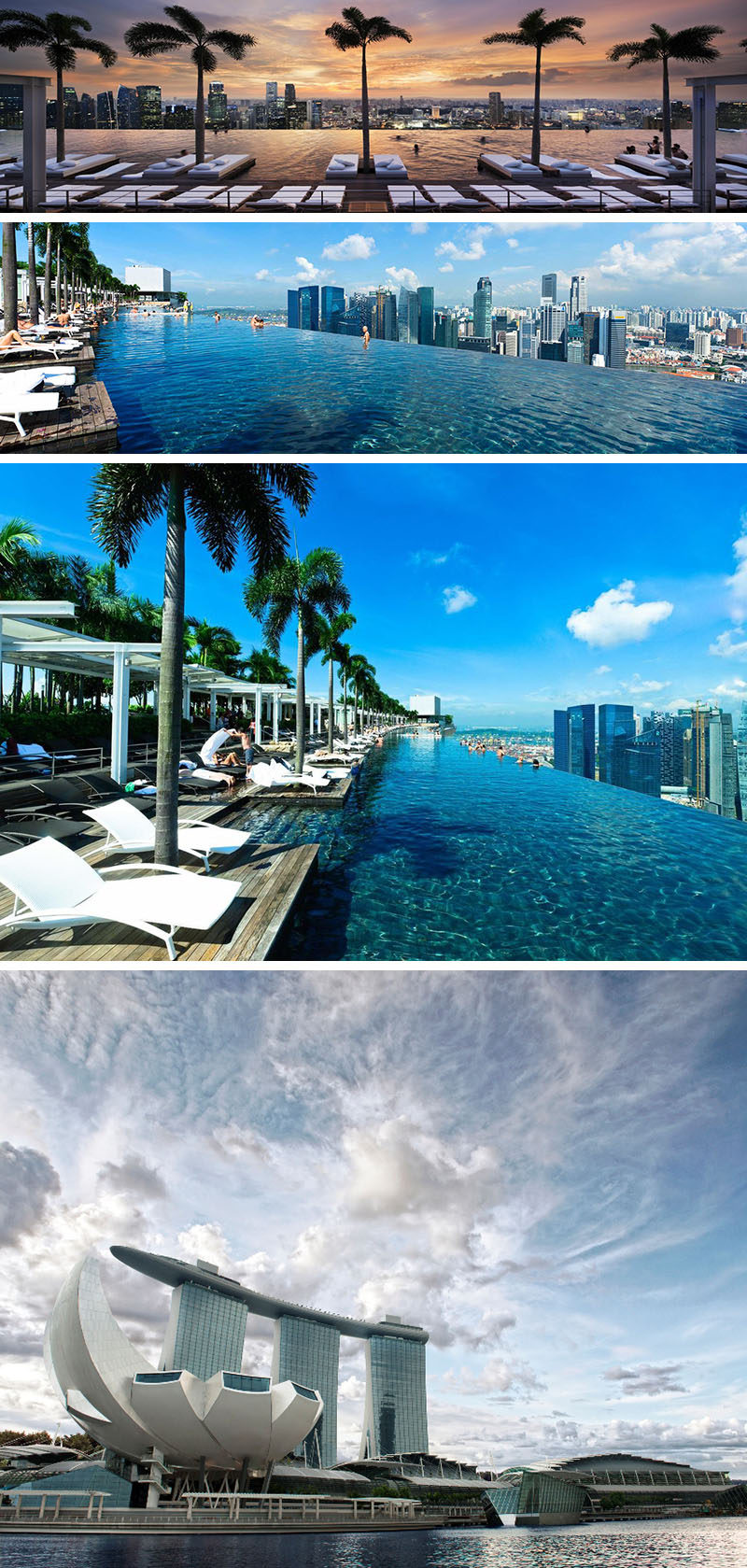 10 Incredible Hotel Rooftops From Around The World // 2. The infinity pool on top of the Marina Bay Sands hotel in Singapore is as long as three Olympic size swimming pools and is 57 levels up.