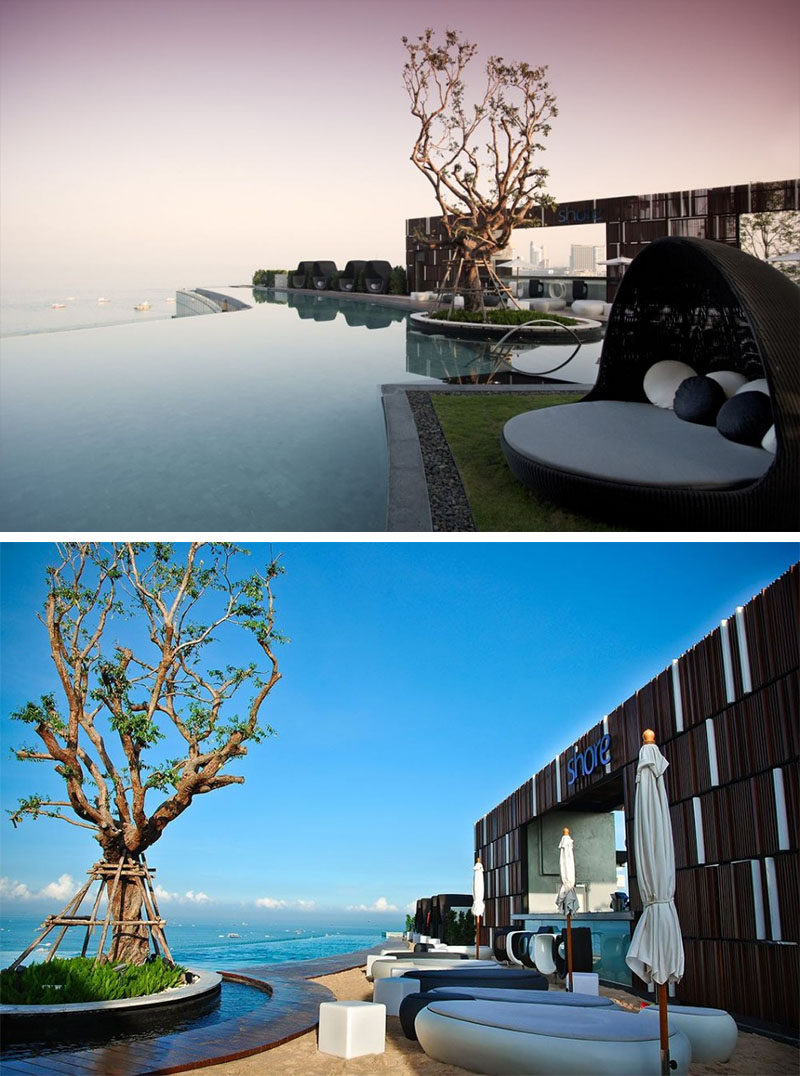10 Incredible Hotel Rooftops From Around The World // 7. The rooftop pool and bar of the Hilton Hotel in Pattaya, Thailand has fantastic views of the water below.
