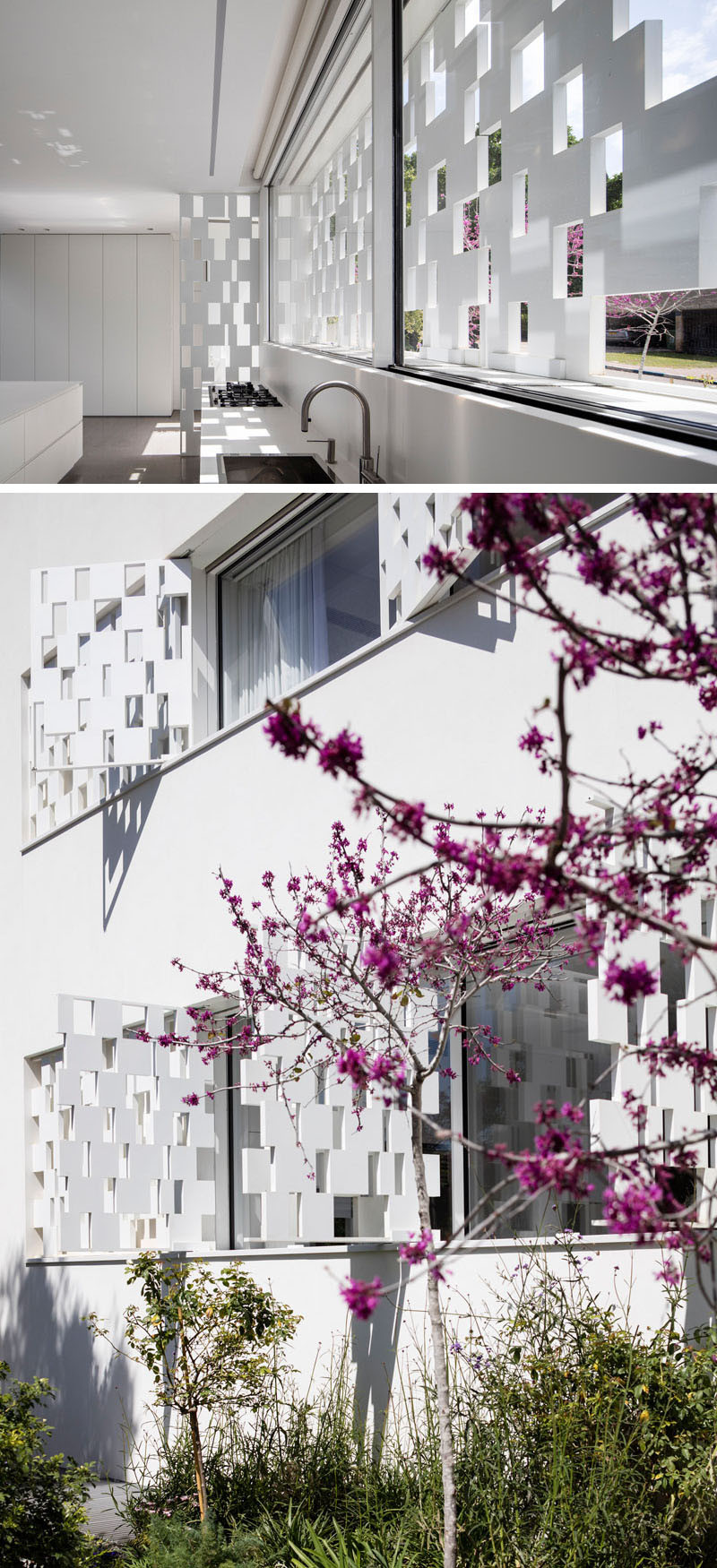 This kitchen, which faces the street, has artistic window cover panels, that create privacy for the home owners, while still allowing them to see the street, and let the light through.