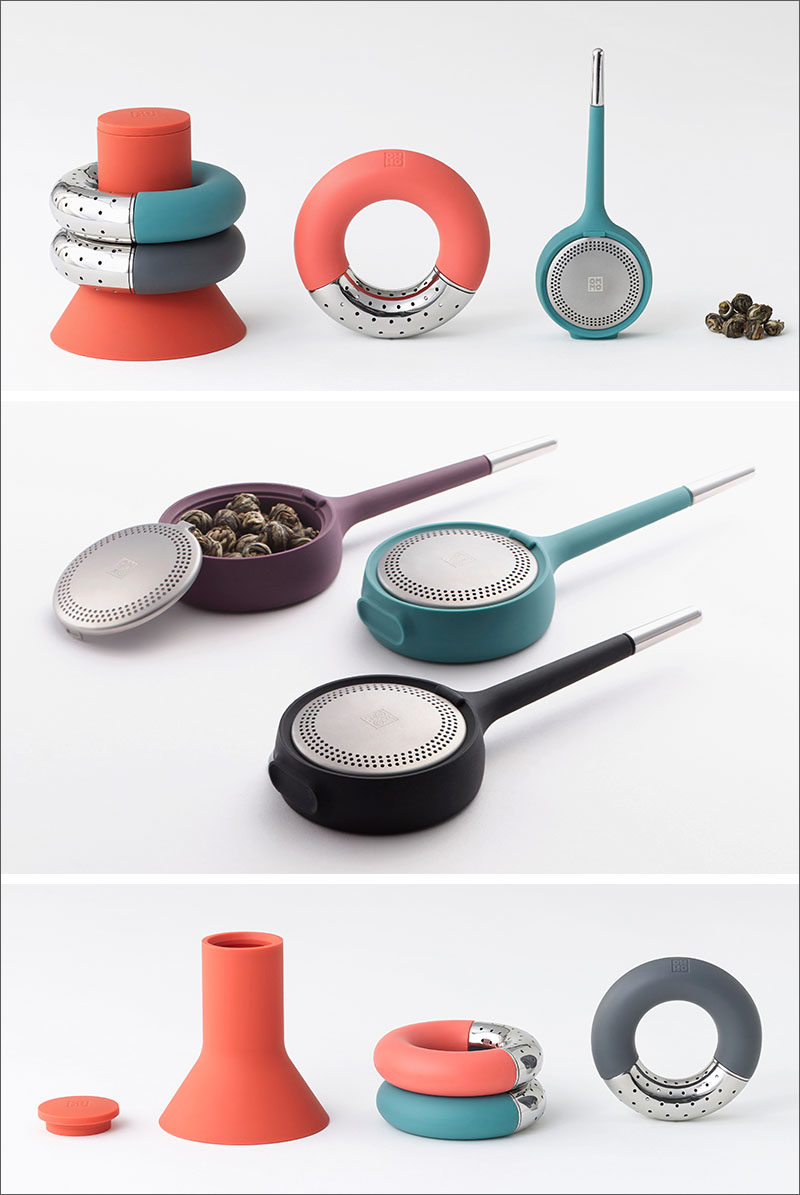Koma and Torus, are minimalist, brightly colored tea infusers. Koma has a round base with stainless steel-trimmed handle to easily stir the tea.And the brushed steel cover, can easily be opened at the touch of a finger for quick refills. Torus is the donut-shaped tea infuser, and it can be turned into an S-shape, allowing it to cling to any cup. Torus can also be stored on a case, that can hold up to three infusers, and can also be used for dry storage of loose tea.